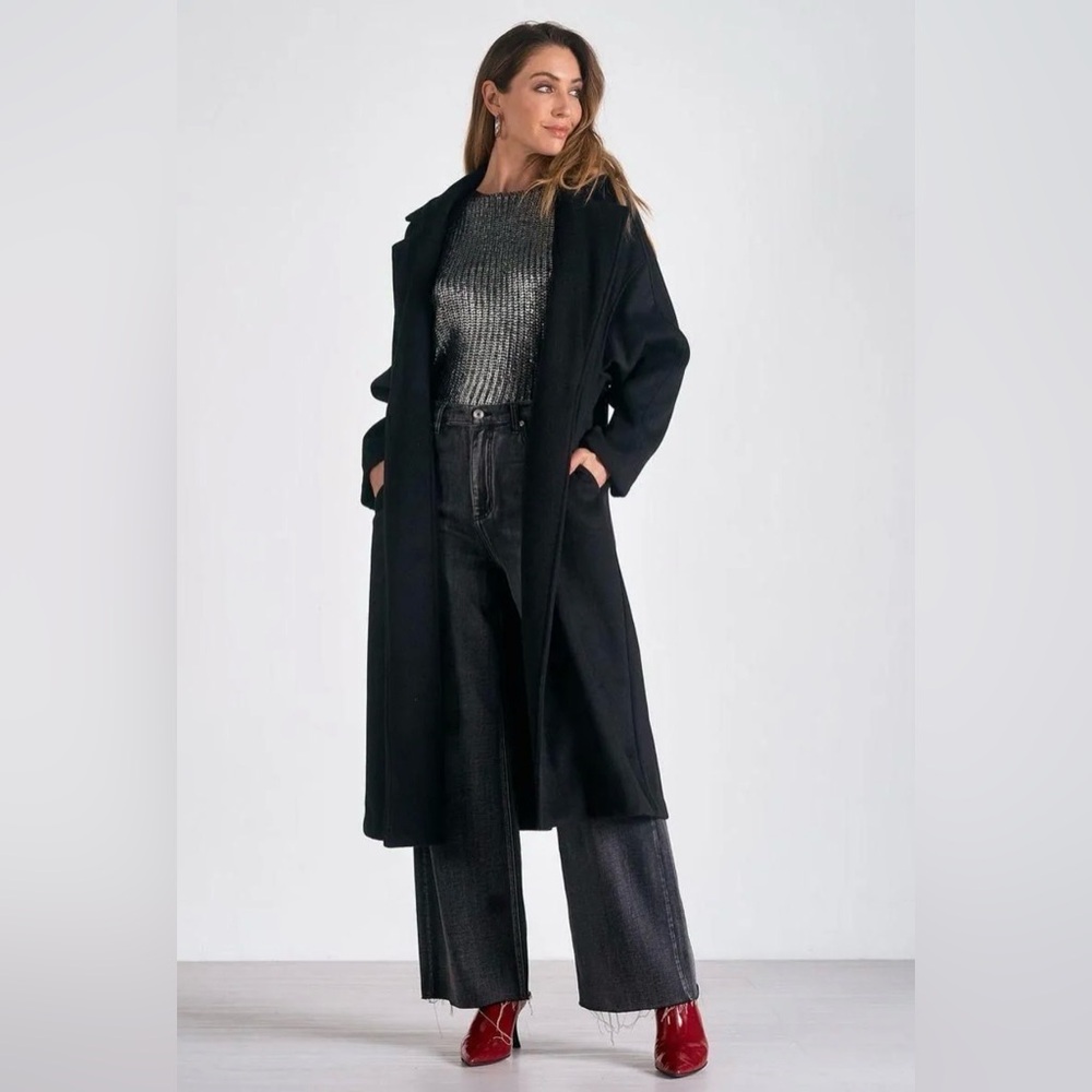 Women's Black Long Coat - Classic Open-Front Jacket